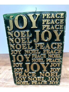 Green & Gold Decorative Holiday Candle With Embossed Text "Joy Peace Noel"